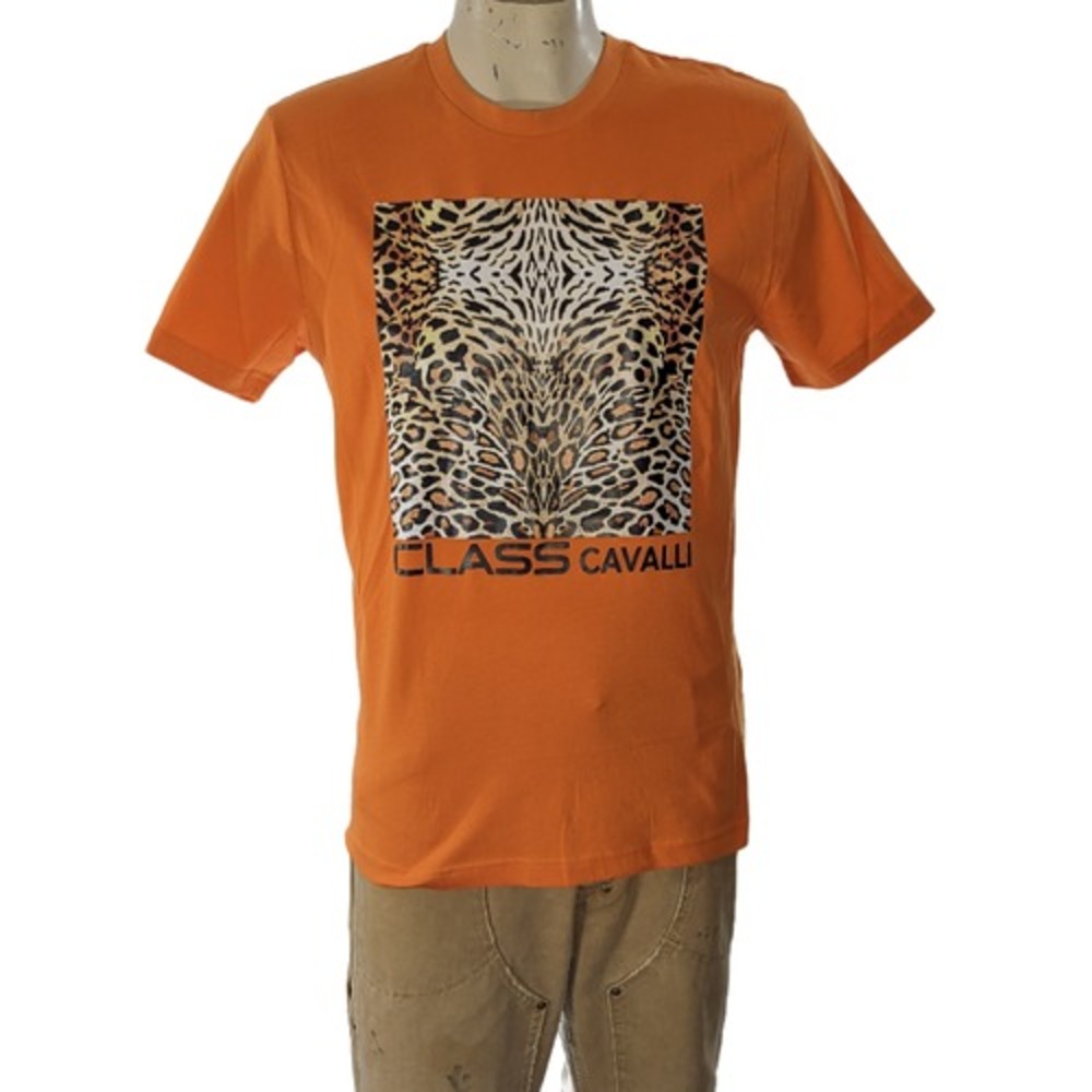 Cavalli Class Men's Orange Cotton Leopard Print Graphic Logo T-Shirt Sz L NWT